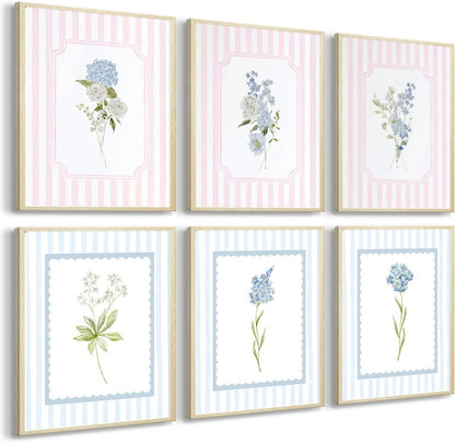 WNRTEKNK 6pcs Floral Nursery Wall Art Pink Blue Botanical Canvas Prints Flower Hydrangea Wall Decor Wildflower Pictures Pastel Wall Decor Painting for Girls Bedroom 8x10 Inch Posters Unframed