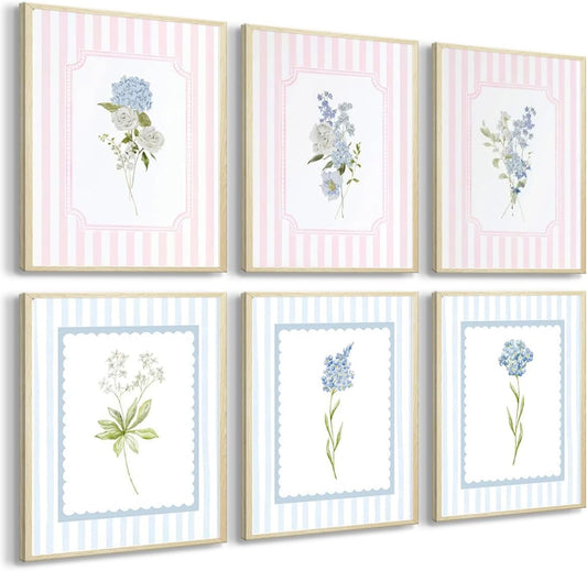 WNRTEKNK 6pcs Floral Nursery Wall Art Pink Blue Botanical Canvas Prints Flower Hydrangea Wall Decor Wildflower Pictures Pastel Wall Decor Painting for Girls Bedroom 8x10 Inch Posters Unframed