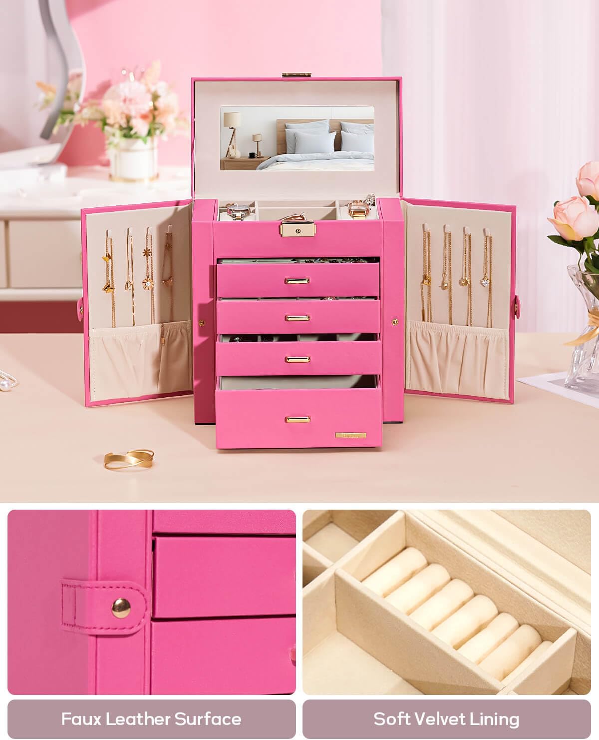 Homde Synthetic Leather Huge Jewelry Box Mirrored Watch Organizer Necklace Ring Earring Storage Lockable Gift Case (Pink + Gold)