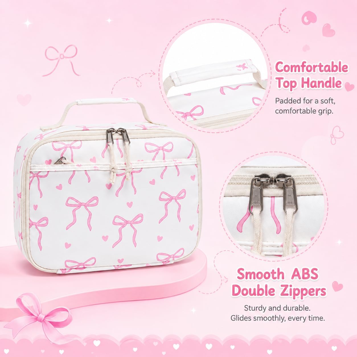 LOIDOU Insulated Lunch Bag for Kids Girls, Cute Bow Insulated Lunch Box Bag for Toddler, Womens Small Lunch Tote, Lunch Box Containers for School Work Picnic, Pink