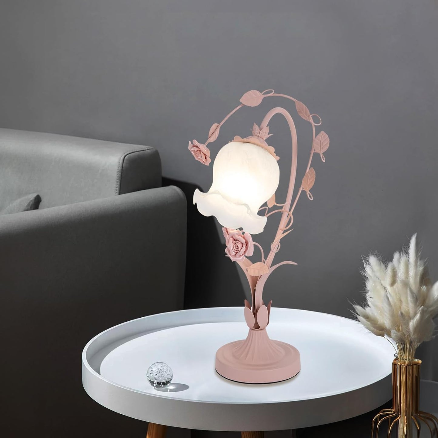Flower Glass Table Lamp, Stained Glass Flower Cute Vintage Table Reading Lamps Dimmable Nightstand Desk Lights, 17 inches Tall for Bedroom Living Room Office Dresser