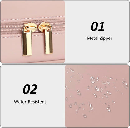 E-Tree PU Leather Makeup Bag for Women – Double Zipper Travel Cosmetic Bag Organizer, Waterproof Small Toiletry Pouch for Girls, Skincare & Accessories, Cute Pink Makeup Case with Wrist Strap