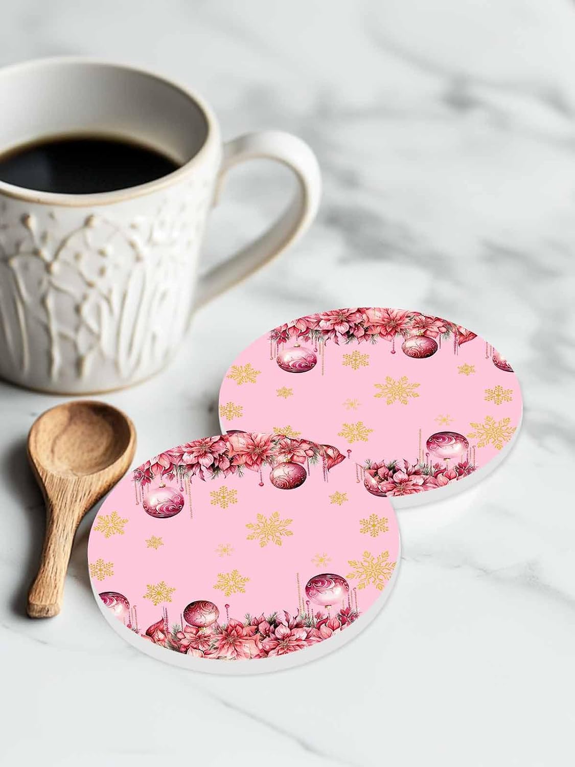 Christmas Flowers Coaster Set of 4 Light Ball Winter Snowflake Pink Drink Coasters with Holder Absorbent Ceramic Coaster for Table Dining Cup Mat for Kitche Cafe Bar Warming Gifts 4 Inches