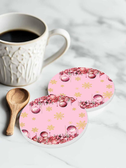 Christmas Flowers Coaster Set of 4 Light Ball Winter Snowflake Pink Drink Coasters with Holder Absorbent Ceramic Coaster for Table Dining Cup Mat for Kitche Cafe Bar Warming Gifts 4 Inches