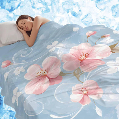 Pink Flowers Cooling Blanket, Lightweight Breathable Summer Throw Blanket with Double Sided Cold Effect,Farmhouse Watercolor Botanical Florals Picnic Beach Blankets Bed Sheet for Hot Sleepers 30"x40"