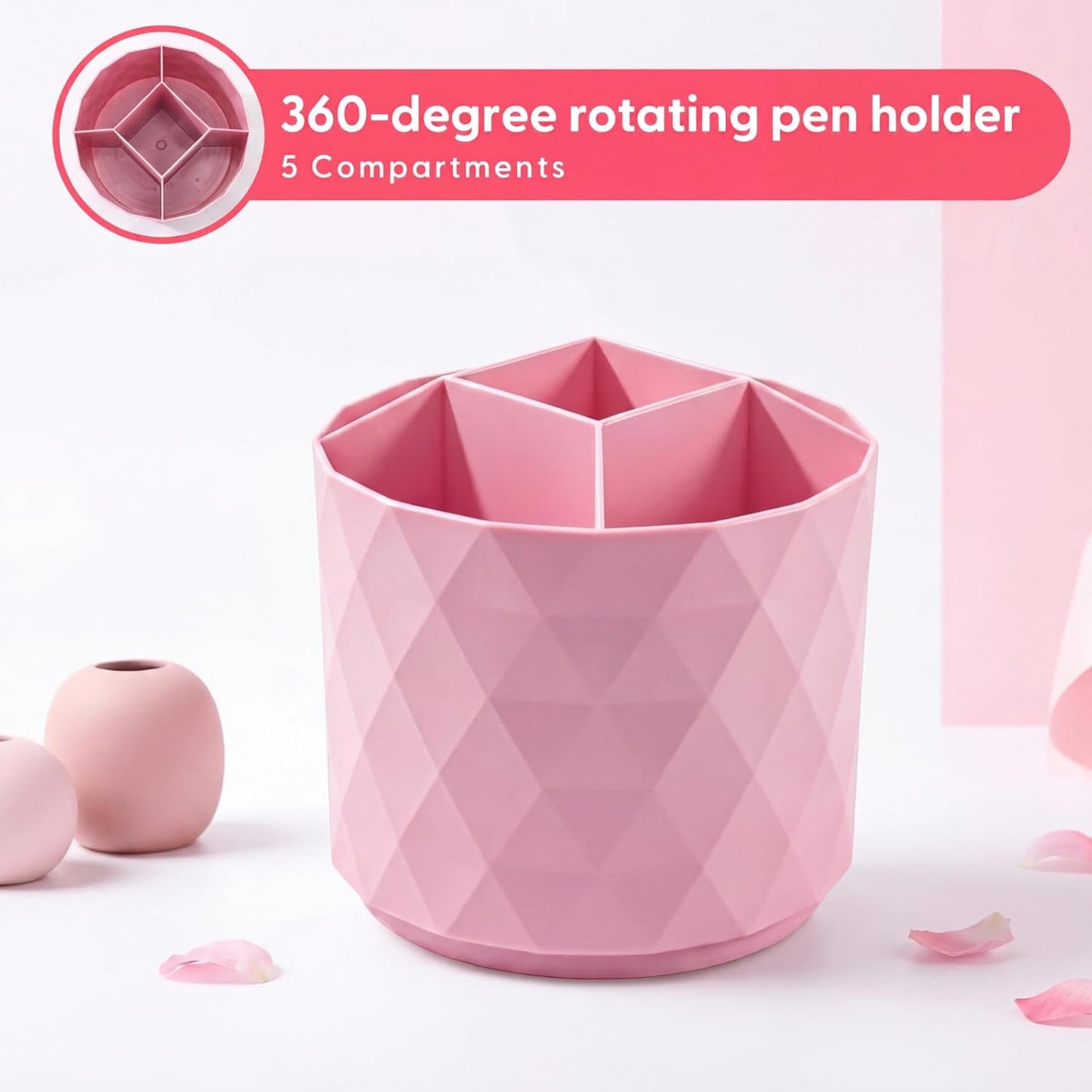 Eersida 20 Pcs Pink Desk Accessories, Desk Organizer with 360° Rotating Pen Holder, Stapler, Staple Remover, Tape Dispenser, Binder Paper Clips Kit, Scissor, Highlighters, Pens, School Office Supplies