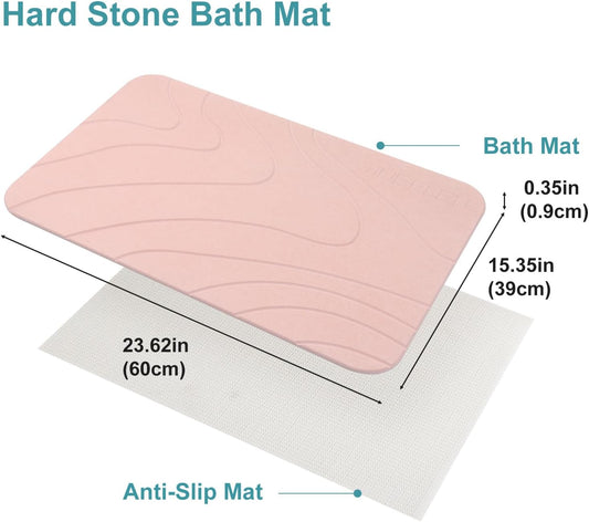 2 Pack Diatomaceous Earth Shower Mat, Stone Bath Mat, Nonslip Super Absorbent Fast-Drying Hard Bath Mat for Bathroom Shower Floor, 23.62 x 15.35 inch, Pink