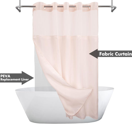 River Dream No Hook Slub Textured Shower Curtain with Snap-in PEVA Liner Set - 71" x 74"(72"), Hotel Style with See Through Top Window, Fabric Outer Curtain & Waterproof Inner Liner, Pink, 71x74