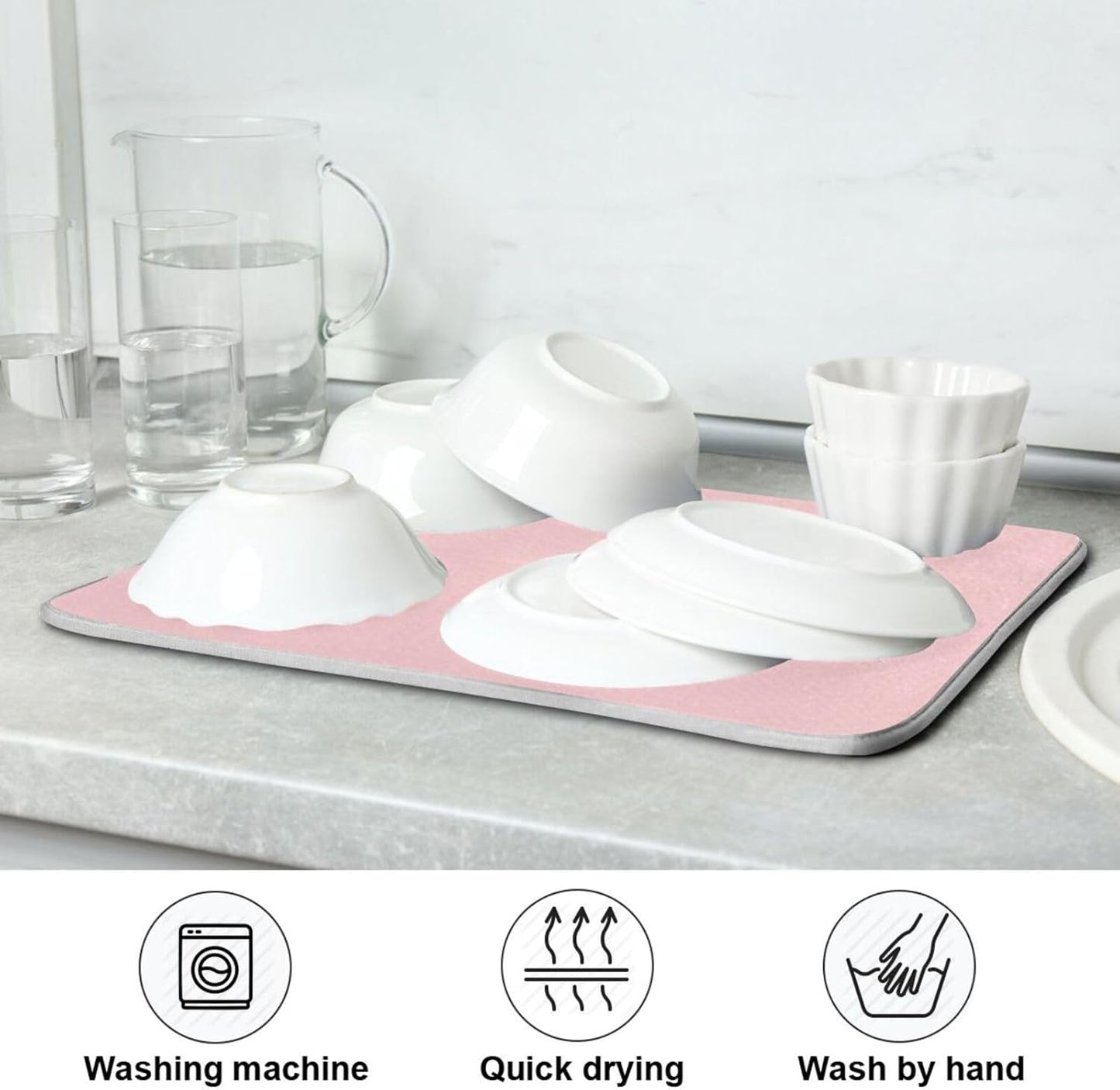 Emelivor Light Pink Dish Drying Mat for Kitchen Counter Absorbent Dish Drying Pad Non-slip Easy Clean Kitchen Drying Mat for Countertops Sinks Dishes Pots and Pans, 16" x 18"
