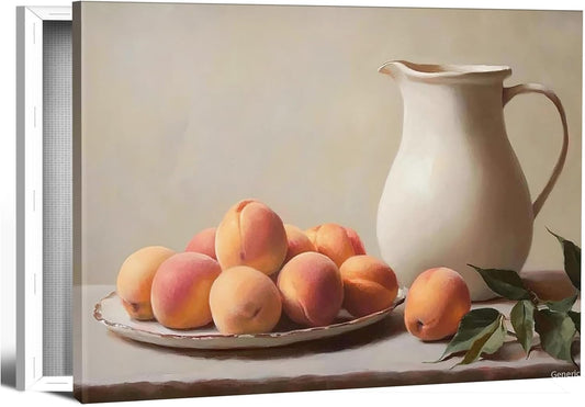 Canvas Painting Wall Mural Print Antique Fruit Bowl Peach Print Kitchen Still Life Wall Art Kitchen and Dining Room Decoration 8x10inch with Frame
