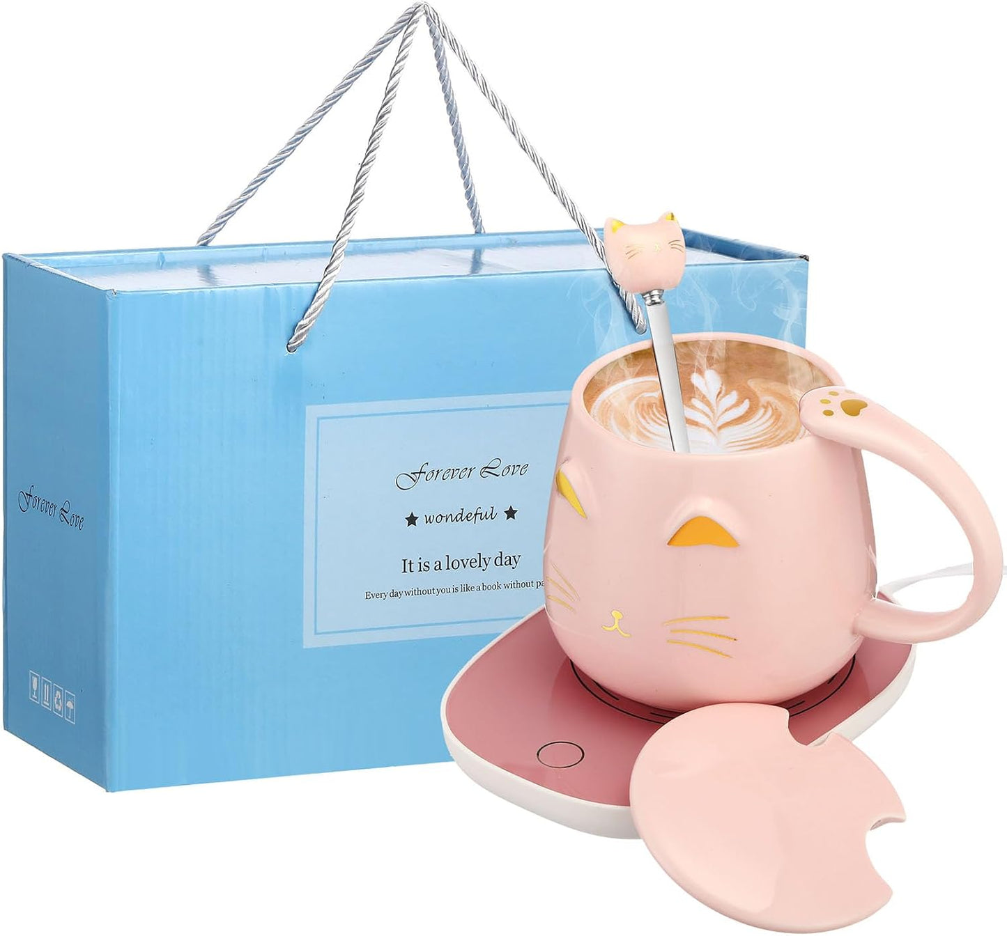 Reallnaive Cat Coffee Cup Coffee Warmer with Mug for Women Electric Mug Heater Temperature Control Ceramic Cute Cat Warmer for Office Valentine' Day Birthday Gift(Pink)