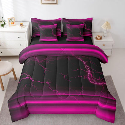 Erosebridal Black Pink Neon Light Girls 7 Piece Bedding Set Twin | Ombre Lightning Pattern Comforter Set with Sheets Abstract Aesthetic Bed in A Bag Modern Art Bed Sets