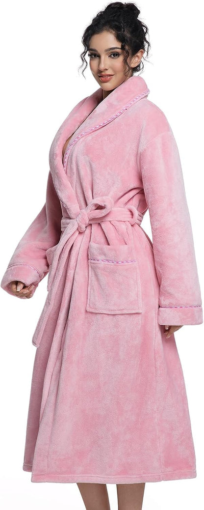 Womens Long Fleece Robe Soft Plush Robes for Women Warm Bathrobes Comfy House Coat Full-length with Pocket