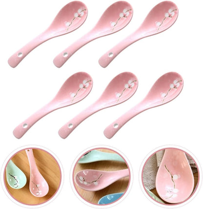 6pcs Japanese Ceramic Porridge Spoons Set Snowflake Pattern Pink Kitchen Utensils for Home Dining and Restaurant Use