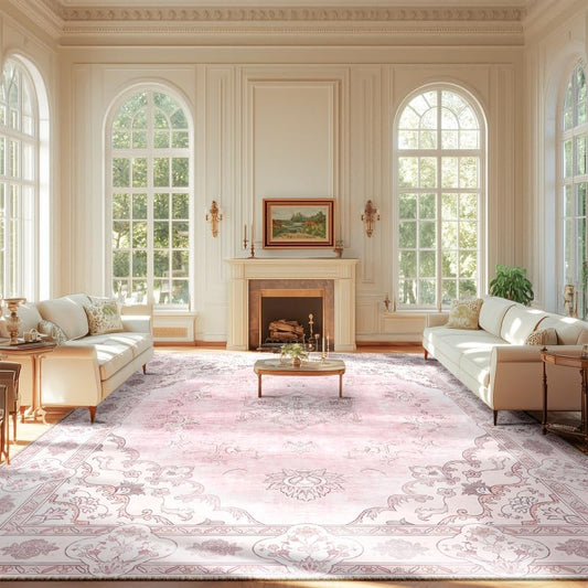 Rug 9x12 with Vintage Floral Printed Pattern Machine Washable Non-Slip Rugs for Living Room and Bedroom Peach Pink