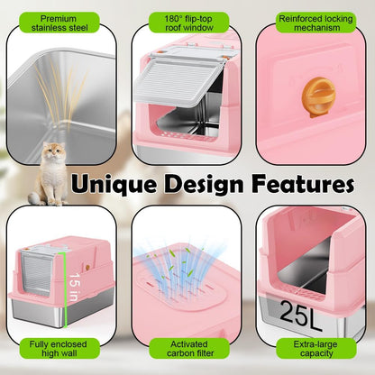 SZEE Stainless Steel Cat Litter Box with 180°Flip-Top Lid, Easy Clean XL Enclosed Litter Box, Large Covered Steel Cat Box with Scoop, Odor Control and Anti-Urine Leakage, 23.2 * 15 * 15 Inch, Pink