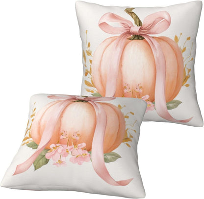 Pastel Peach Pumpkin Large Pink Bow Throw Pillows Covers, Couch Sofa Pillow Cases,Zipper Bedding Cushion Cases for Living Room,18x18 Inch