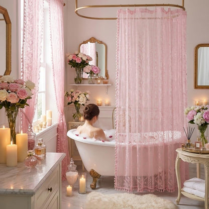 WAZZIO Pink Lace Shower Curtain - Vintage Pretty Pastel Girl Floral Shower Curtain Girly, Cute Coquette Tassel Princess Bath Curtains for Bathroom, 72 x 72 Inch, 1 Panel