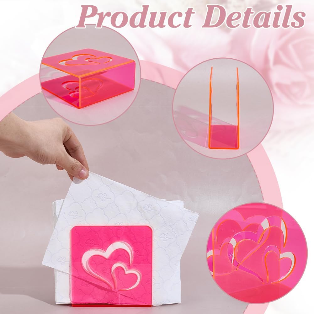PH PandaHall 3 Pack Hot Pink Napkin Holder, Acrylic Heart Napkin Holder for Table Decorative Napkins Storage Tissue Paper Dispenser with Double Heart for Wedding Kitchen Restaurant Bars Partites Home