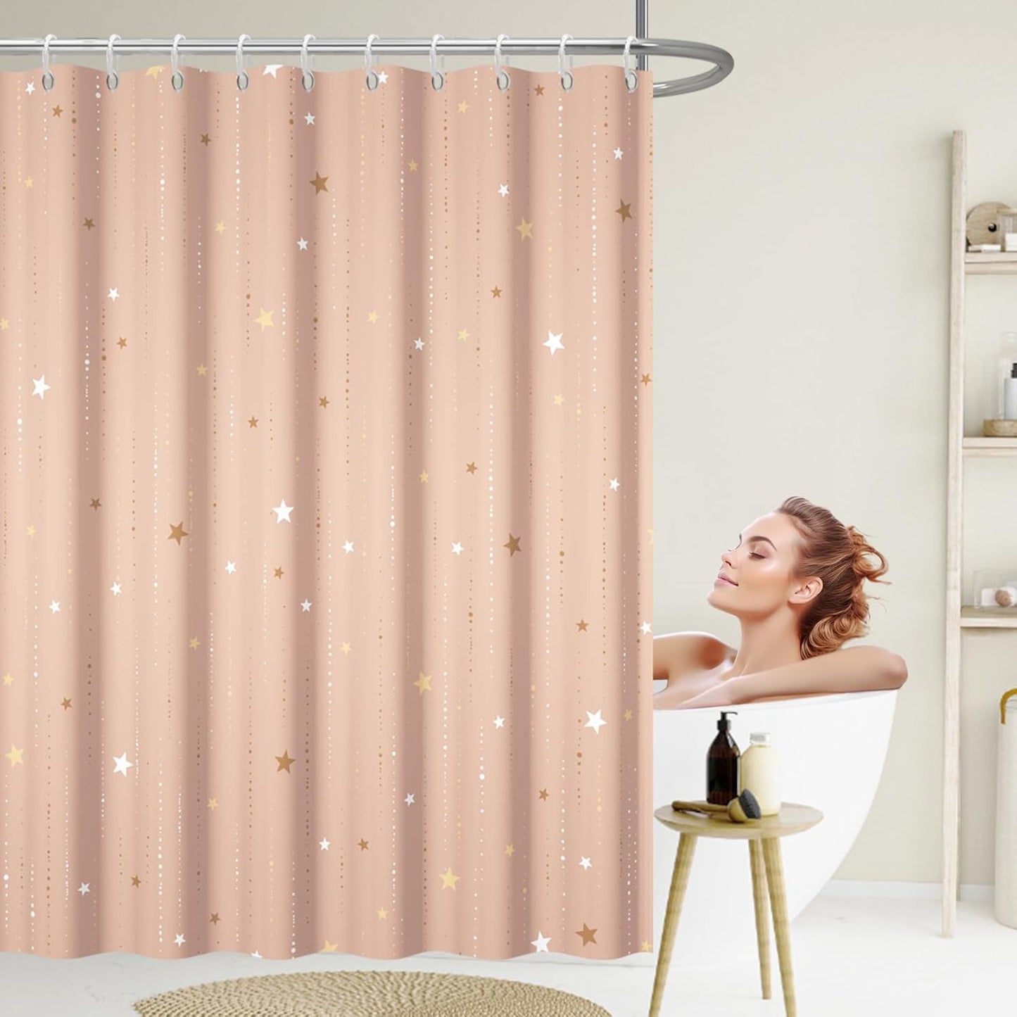 Starry Night Shower Curtain, Waterproof Shower Curtains for Bathroom, Cloth Star Shower Curtain Set with Hooks, Pink Celestial Space Shower Curtains, 72x72 Inches