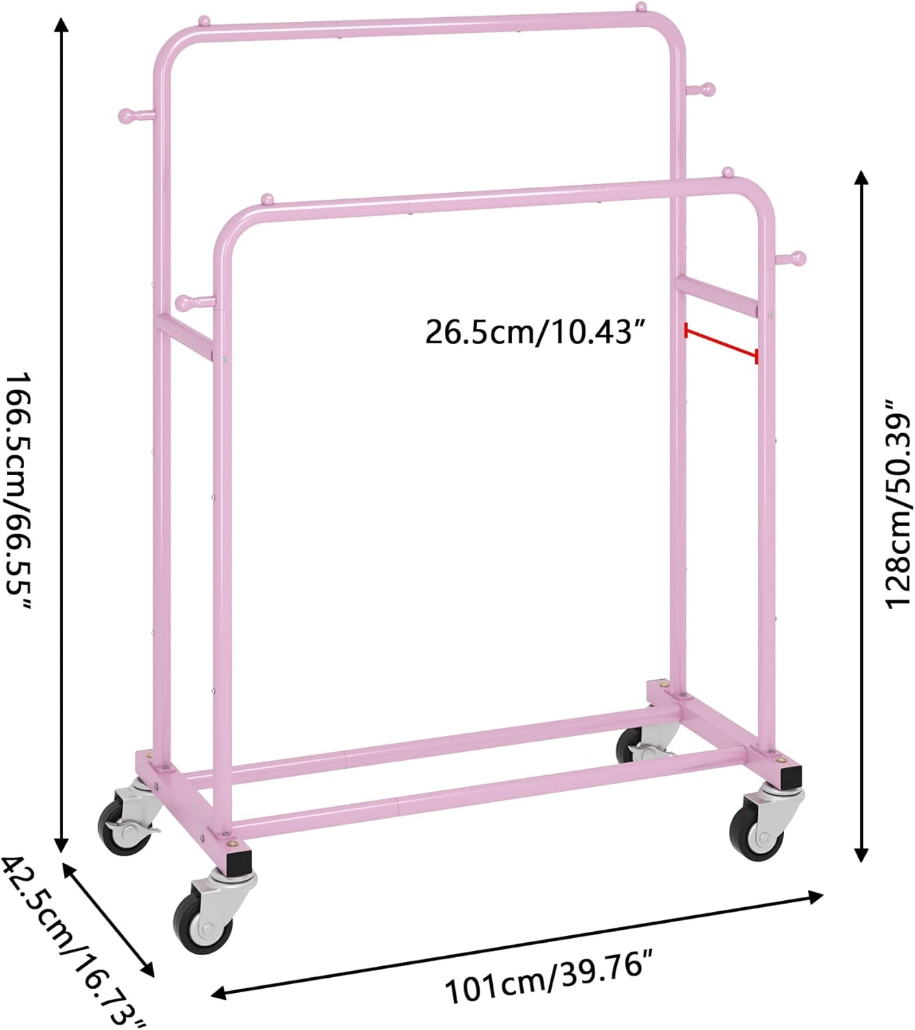 Laiensia Double Rods Garment Rack with Wheels, Clothing Rack for Hanging Clothes,4 Hooks, Multi-Functional Bedroom Clothes Rack, Pink
