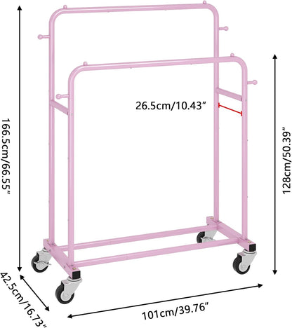 Laiensia Double Rods Garment Rack with Wheels, Clothing Rack for Hanging Clothes,4 Hooks, Multi-Functional Bedroom Clothes Rack, Pink