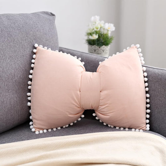 Boho Decorative Throw Pillow Covers with Pom Poms Soft Velvet Pillow Cases Bow Lumbar Pillow Covers 14 x 20 Cushion Case for Bed Couch Living Room Decor Blush