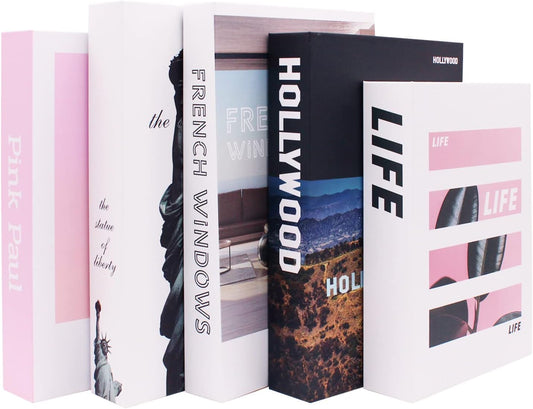3T GROUP 5 Pcs Pink Decorative Books for Home Decor Display,Designer Faux Books for Decoraion,Fake Book Set for Decoration Bookshelf Farmhouse Decor (Pink 4)