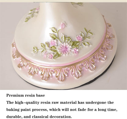 Bedroom Nightstand Princess Pink Table Lamp Handmade Victorian Lace Fabric Lampshade Resin Flower Carved Base