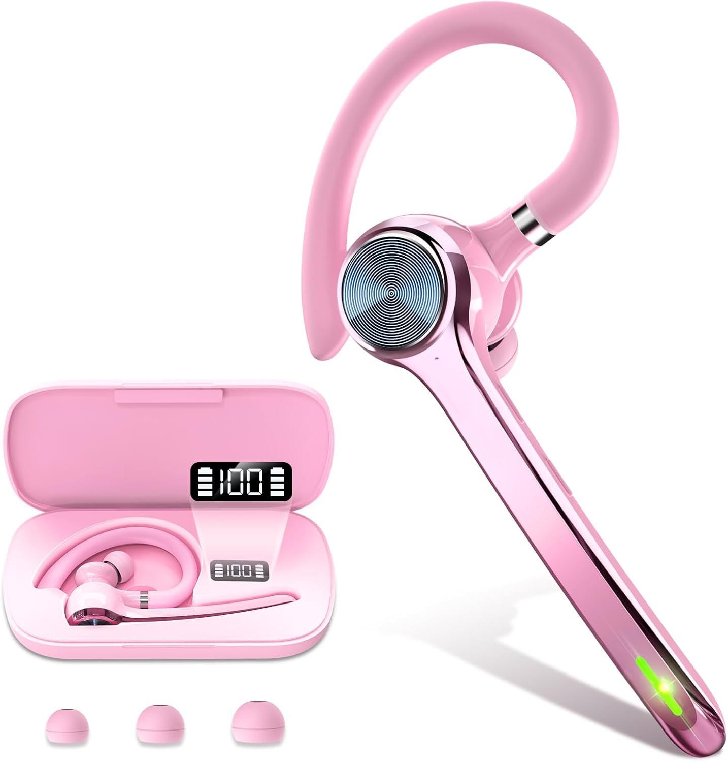 HEIBAS Bluetooth Headset, Wireless Bluetooth Earpiece with 500mAh Charging Case 72 Hours Talking Time Built-in Microphone for iOS Android Cell Phone, V5.1 Hand-Free Headphones for Trucker, Office-Pink