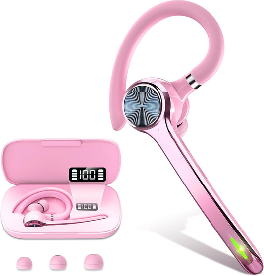 HEIBAS Bluetooth Headset, Wireless Bluetooth Earpiece with 500mAh Charging Case 72 Hours Talking Time Built-in Microphone for iOS Android Cell Phone, V5.1 Hand-Free Headphones for Trucker, Office-Pink