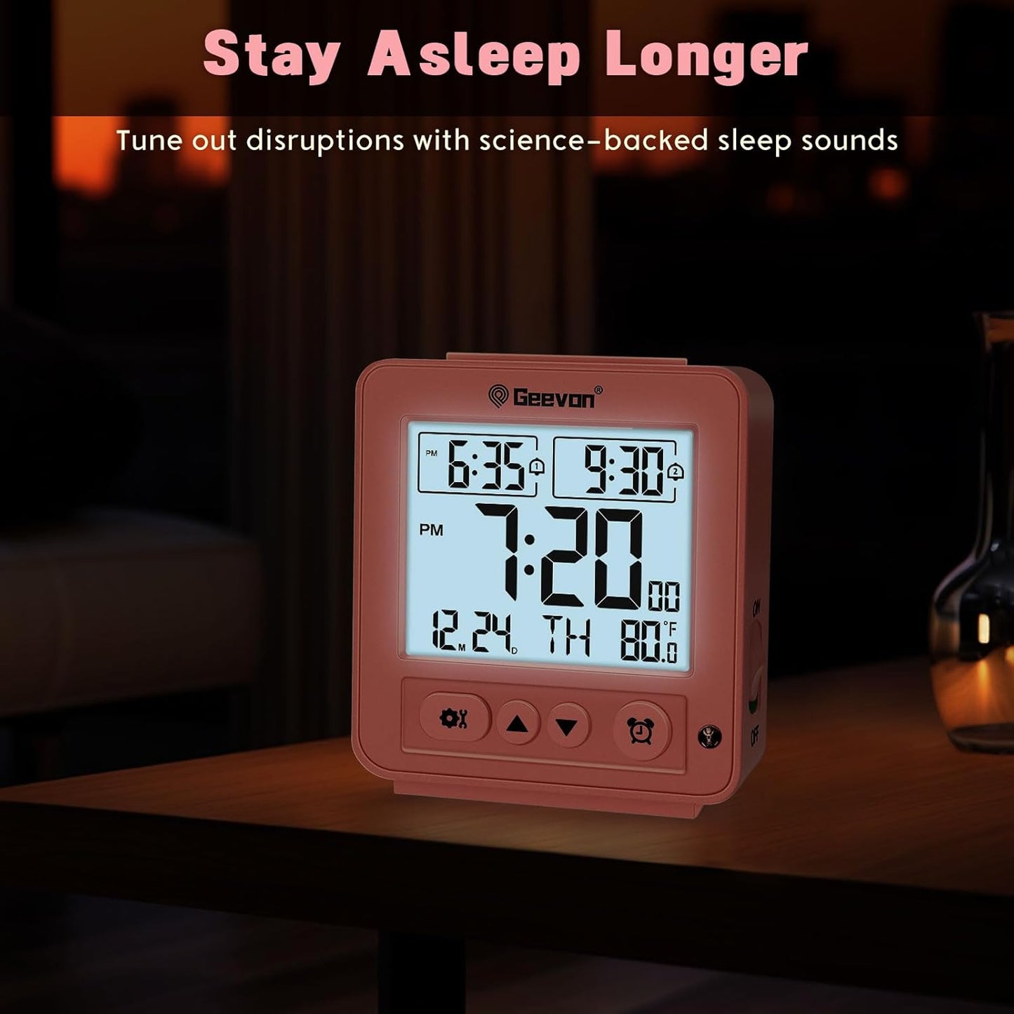 Geevon Smart Night Light Small Digital Alarm Clock with 2 Increasing Beep Alarm, Indoor Temperature, Battery Operated Travel Clock for Bedroom, Bedside, Desk(Pink)