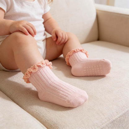 Baby Girl Ruffle Socks Non Slip Grip Socks Toddler Girls Cute Cotton Frilly Ankle Grippy Sock Newborn Infant Kids