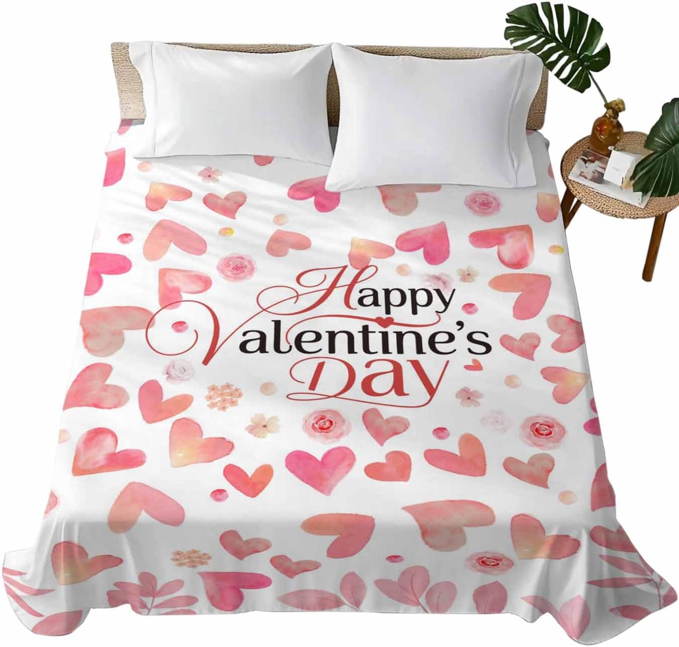 Valentine's Day Full Size Sheets - Hotel Quality Full Flat Sheet Only 1 Pack, Peach Pink Love Floral Modern Romantic Soft Bed Sheet Brushed Microfiber Bedding Top Sheets for Home Dorm