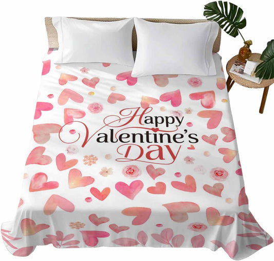 Valentine's Day Full Size Sheets - Hotel Quality Full Flat Sheet Only 1 Pack, Peach Pink Love Floral Modern Romantic Soft Bed Sheet Brushed Microfiber Bedding Top Sheets for Home Dorm