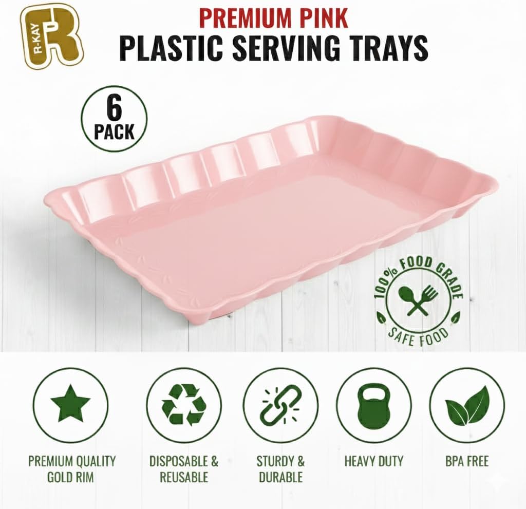6 Pack Pink Plastic Serving Trays for Party, 9 x 13 Inch - Heavy Duty Plastic Trays for Food - Rectangular Party Serving Trays and Platters - Pink Disposable Trays