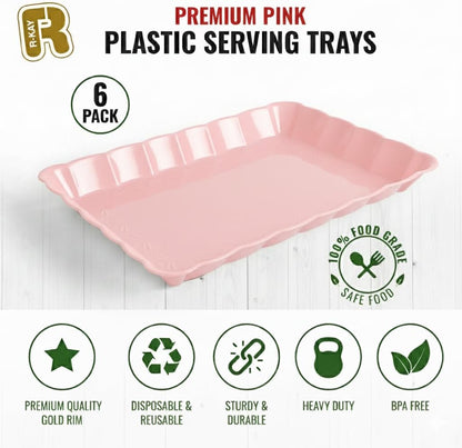 6 Pack Pink Plastic Serving Trays for Party, 9 x 13 Inch - Heavy Duty Plastic Trays for Food - Rectangular Party Serving Trays and Platters - Pink Disposable Trays