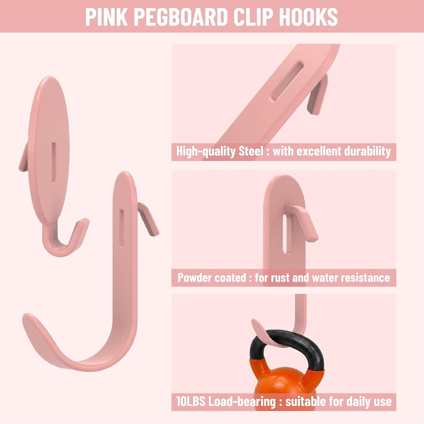 HUHOLE 20PC Pink Pegboard Clip Hooks for Thin Metal 1/4 Inch Pegboard | Picture Hangers with 10 lb Capacity, 10 Round and 10 Angled Peg Hooks for Jewelry, Crafts and Small Accessories