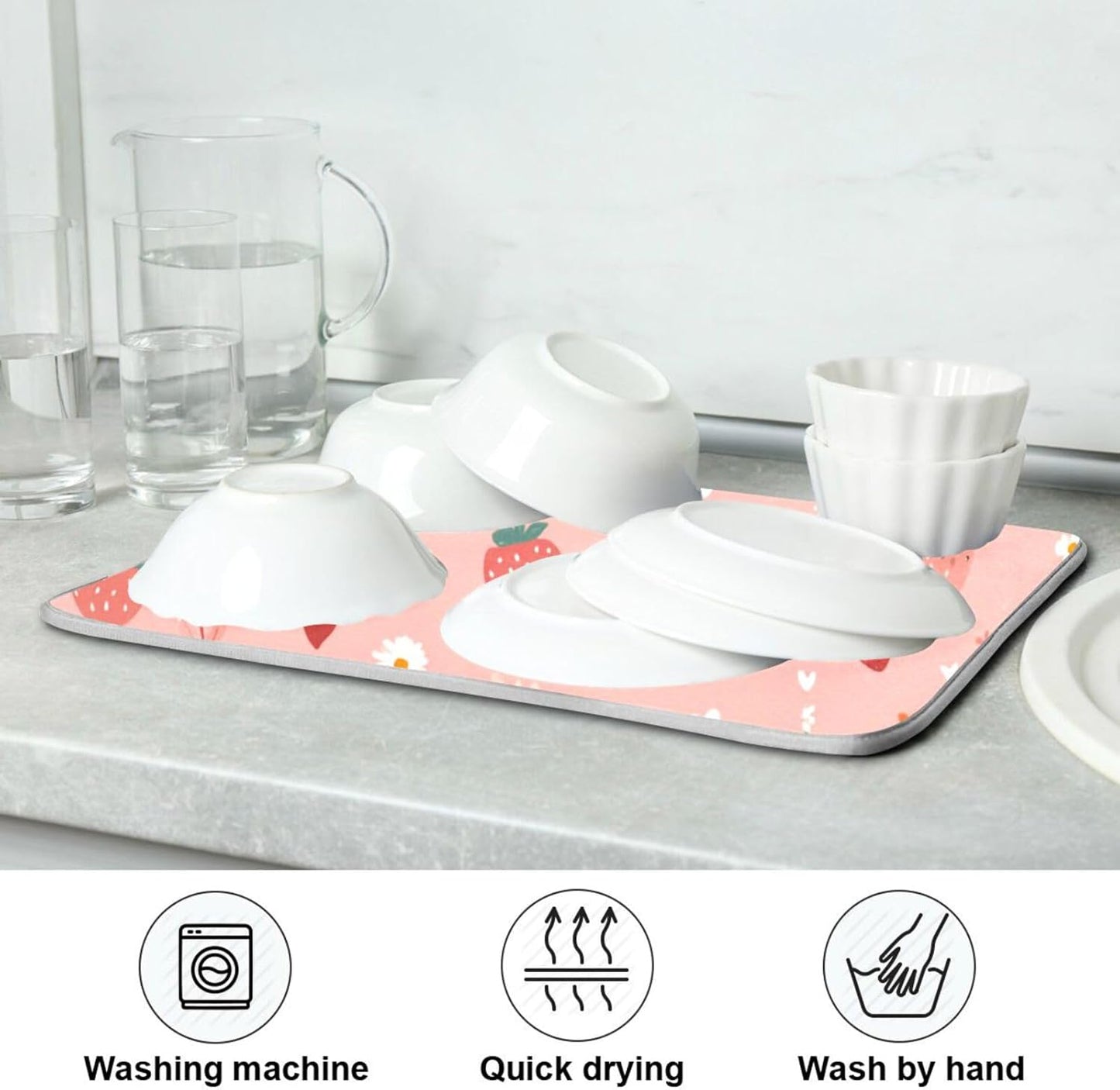 Pastel Pink Daisy Strawberry Hearts Dish Drying Mat for Kitchen Counter Kitchen Drying Mat Dish Rack Mat Dish Drainer Pad Microfiber Absorbent Washable Drying Pad for Countertop 16 x 18