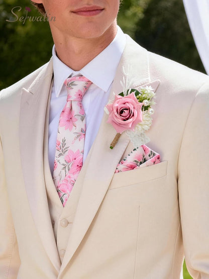 Serwalin 2 Pcs Pink Boutonniere for Men, Groom Groomsmen Best Man Guest Boutonnieres，Artificial Flowers Silk Rose for Wedding Prom Ceremony Anniversary Party Homecoming