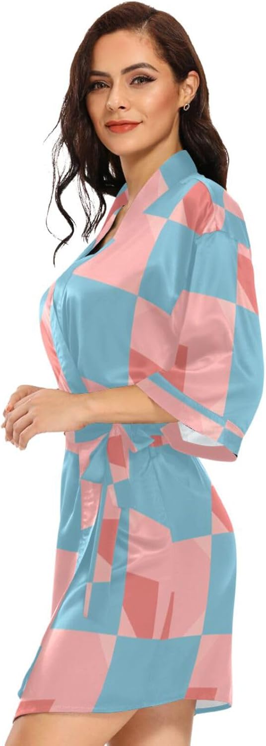 Light Blue and Blush Checkered Pattern Womans Bathrobes Comfy Bath Robes Female for Bathroom