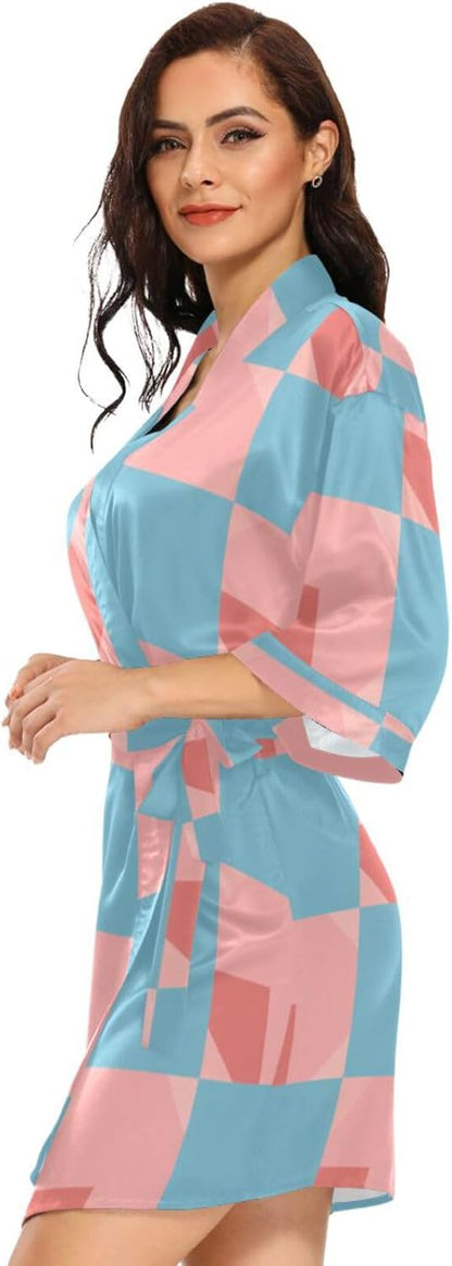 Light Blue and Blush Checkered Pattern Womans Bathrobes Comfy Bath Robes Female for Bathroom