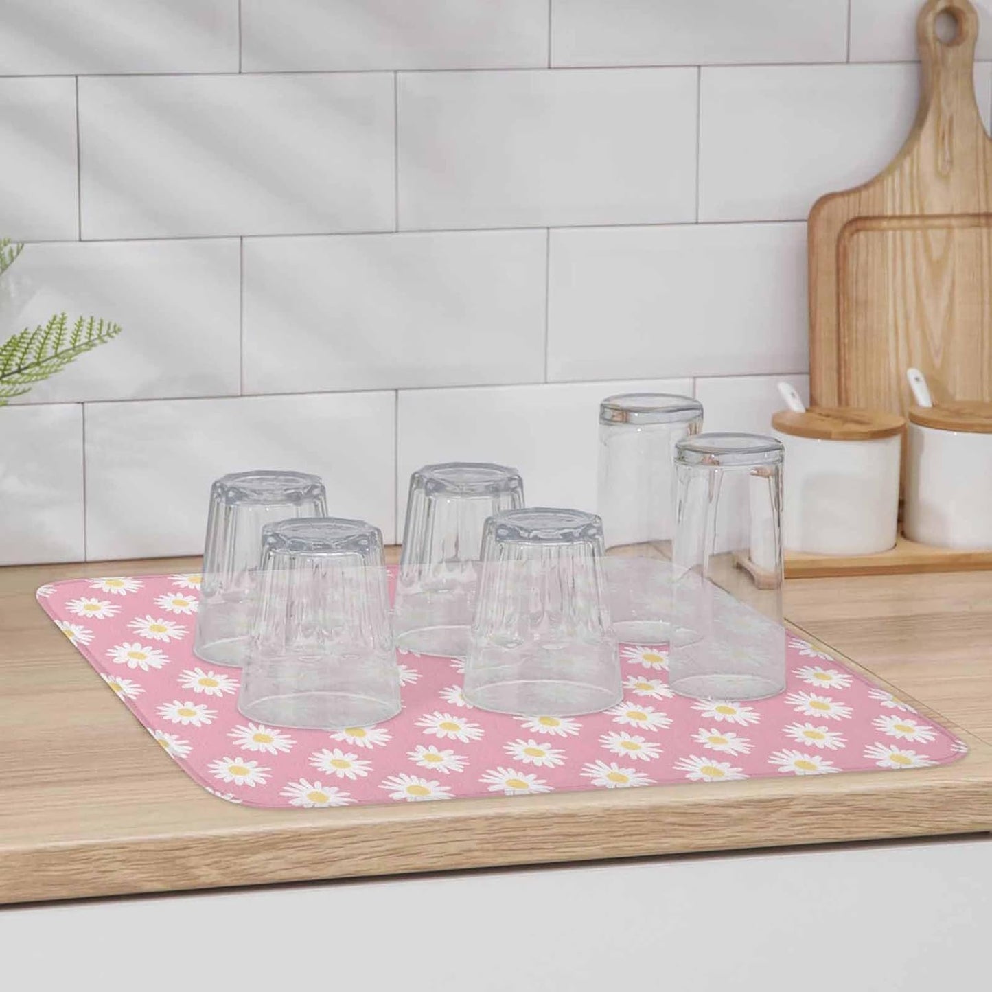 Dish Drying Mat White Daisy Floral Microfiber Absorbent Reusable Washable Dish Drying Rack Mat Light Pink Coffee Mat for Coffee Maker Bar Kitchen Countertops 18x24inch