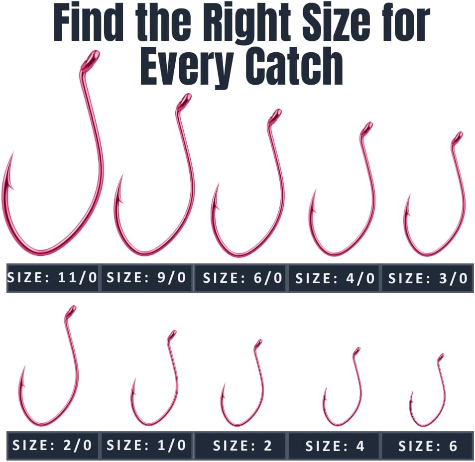Maruto Barbed Fishing Hooks – Barbed Sickle Hooks in Strong Japanese High Carbon Steel, Sizes 1/0 to 11/0, Colors Black, Pink and Red