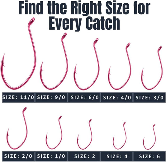 Maruto Barbed Fishing Hooks – Barbed Sickle Hooks in Strong Japanese High Carbon Steel, Sizes 1/0 to 11/0, Colors Black, Pink and Red