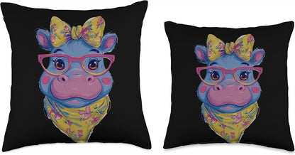 Blue Hippo Portrait Animal Lover Graphic Pink Glasses Yellow Throw Pillow