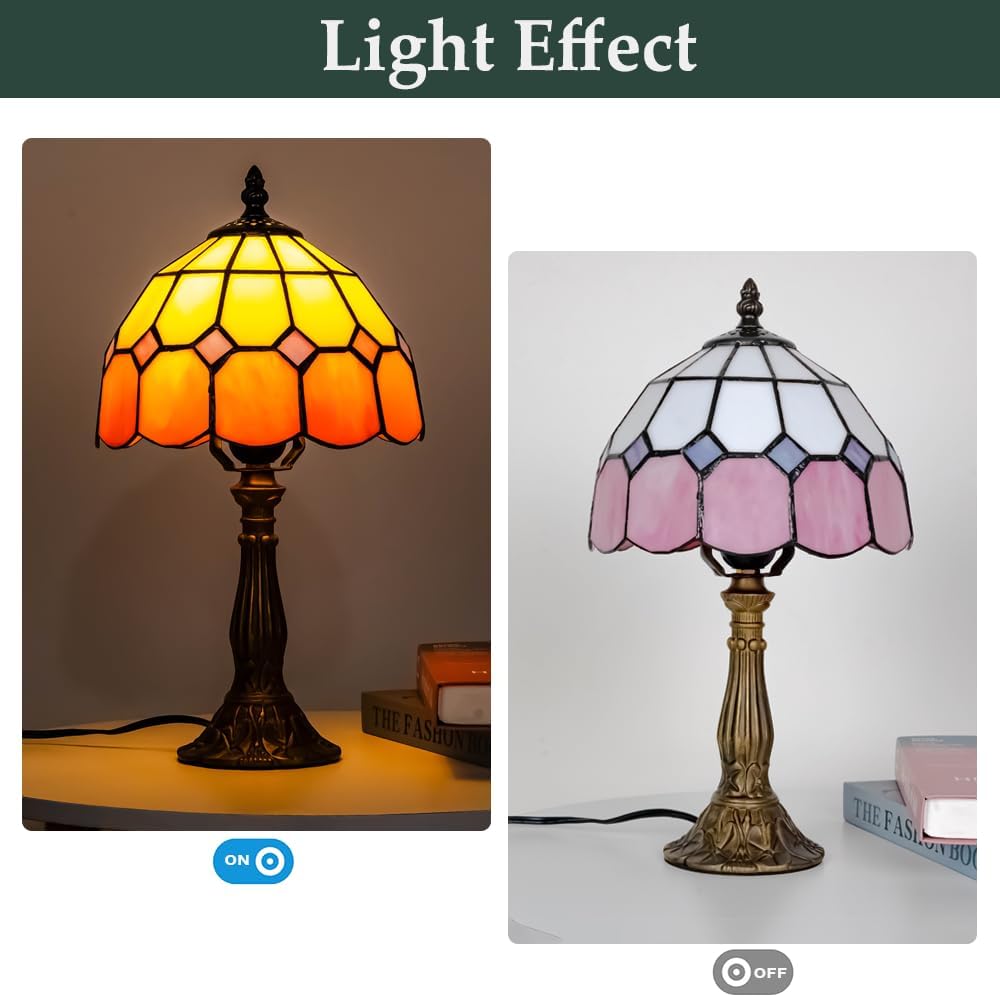 Skyblaze Tiffany Style Table Lamp, Stained Glass Desk Lamp, Vintage Night Light, 8 Inch Reading Light with Handmade Lampshade for Small Bedside Table Bedroom Living Room (Pink)