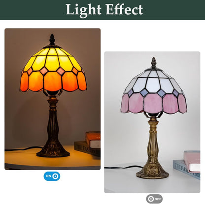 Skyblaze Tiffany Style Table Lamp, Stained Glass Desk Lamp, Vintage Night Light, 8 Inch Reading Light with Handmade Lampshade for Small Bedside Table Bedroom Living Room (Pink)