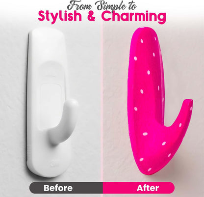 Adhesive Wall Hanging Hooks | Pack of 3 Pink Polka Dot Wall Hooks with Heavy Duty Sticky Strips that Hold Up to 3lbs, Easy to Install Hanging Hook for Painted Walls & Kitchen