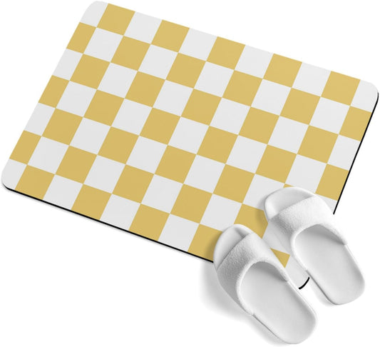 Lemon Yellow Plaid Stone Bath Mat, Modern Checkerboard Plaid Repeating Pattern 20" x 32" Super Absorbent, Dries Quickly, Non-Slip Diatomaceous Earth Bath Mats for Bathroom Kitchen Laundry